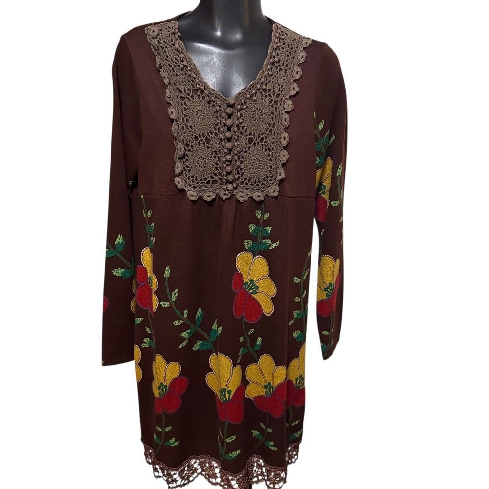 Funky People Brown Floral Lace Trim Empire Waist Dress Women’s Large Vintage